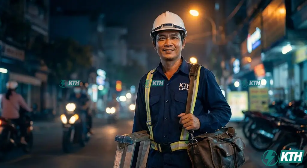 Thợ sửa điện đêm chuyên nghiệp tại TPHCM của KTH Electric trang bị đầy đủ dụng cụ đến nhà khách hàng lúc nửa đêm.