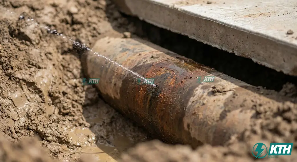 Cận cảnh điểm rò rỉ (lỗ thủng) trên đường ống thép PCCC ngầm được KTH Electric phát hiện sau khi đào kiểm tra.
