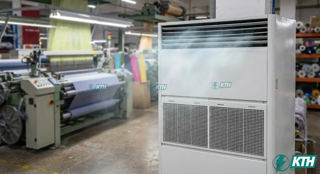 Máy lạnh tủ đứng đặt sàn công nghiệp công suất 10HP thổi trực tiếp làm mát cho xưởng may mặc và kho hàng.