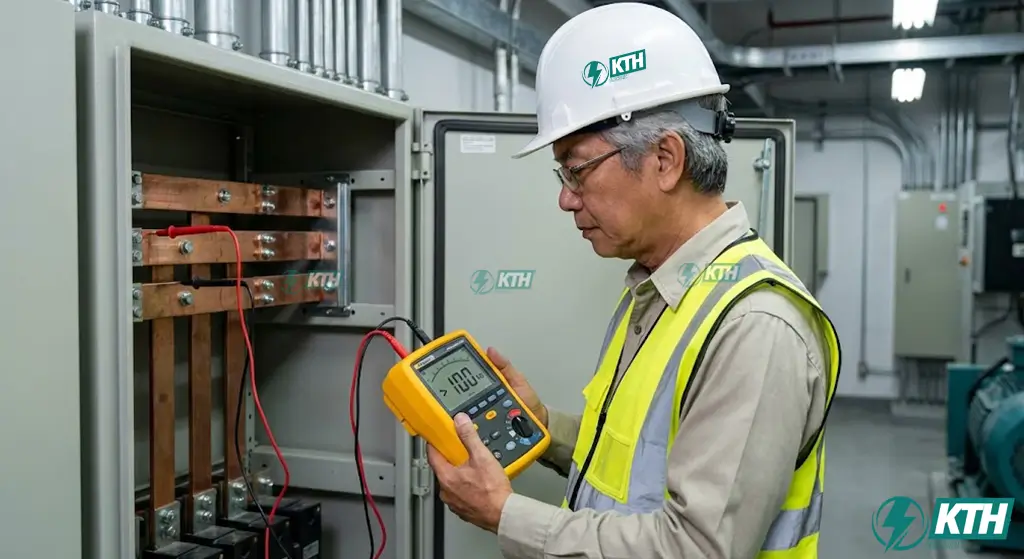 Kỹ sư điện thực hiện đo điện trở cách điện Megger test cho hệ thống Busway trước khi đóng điện