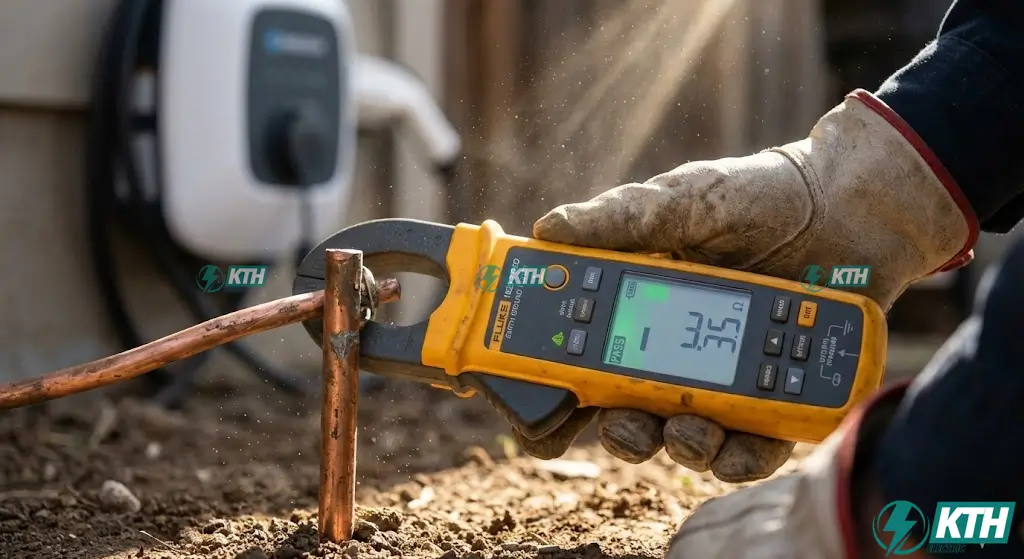 Nên Lắp Trạm Sạc Điện 1 Pha Hay 3 Pha? Tư Vấn Kỹ Sư Điện (2025) 3 Kỹ sư điện KTH Electric đang sử dụng thiết bị chuyên dụng đo điện trở tiếp địa đảm bảo an toàn dưới 4 Ohm trước khi lắp đặt trạm sạc.