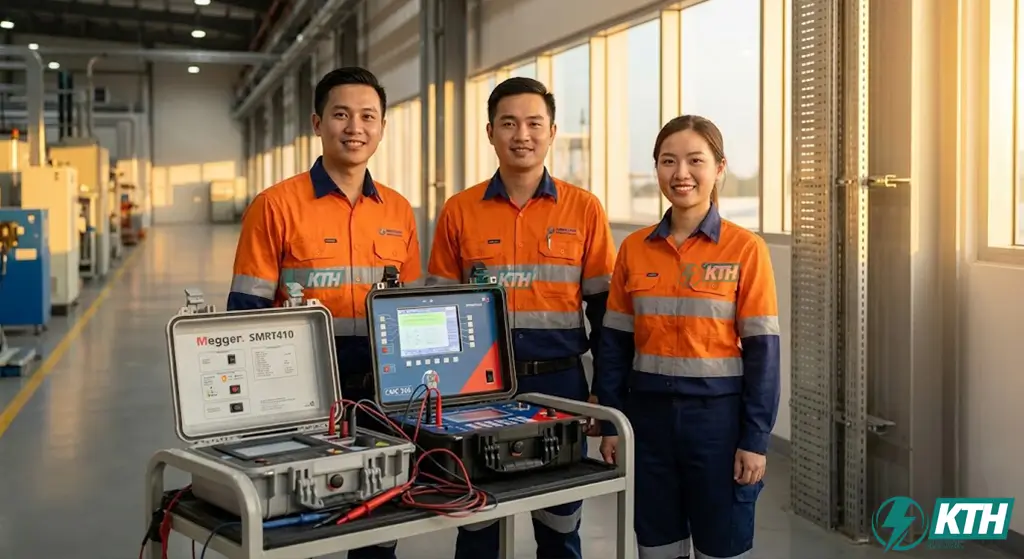 Đội ngũ kỹ sư cơ điện KTH Electric với trang thiết bị thí nghiệm chuyên dụng Megger và Omicron.