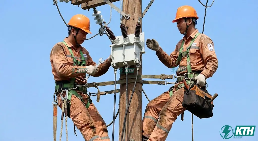 Đội ngũ kỹ sư KTH Electric đang thi công lắp đặt và đấu nối trạm cắt trung thế đảm bảo quy trình an toàn điện.