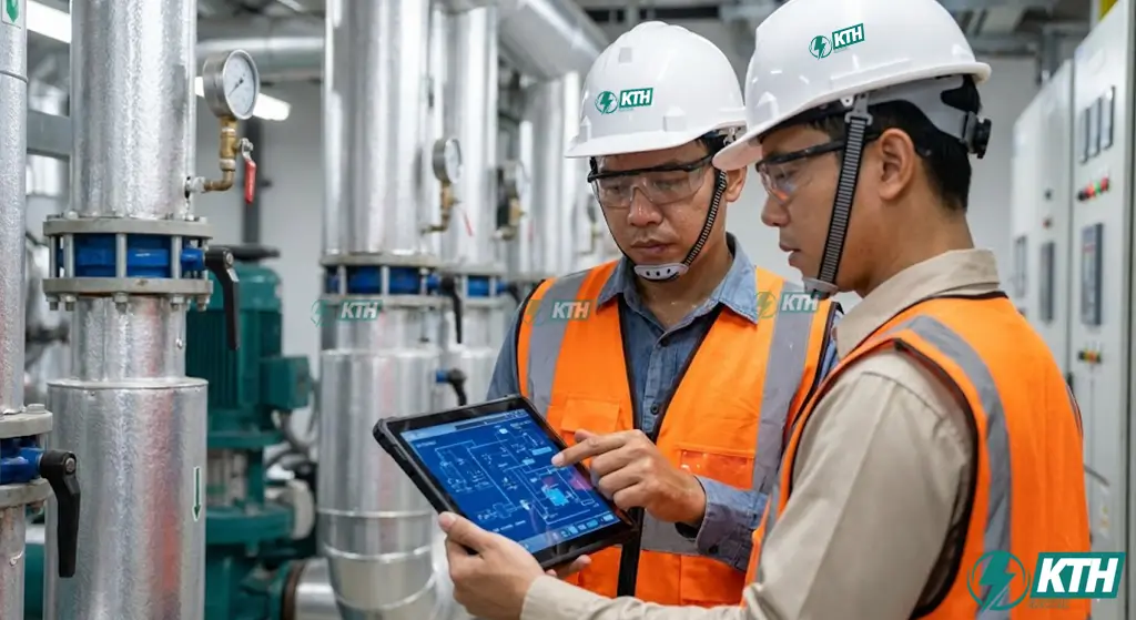 Đội ngũ kỹ sư KTH Electric đang khảo sát thực tế và phân tích bản vẽ kỹ thuật để đưa ra giải pháp tiết kiệm năng lượng nhất.