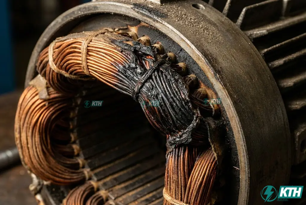 Cuộn dây stator động cơ điện 3 pha bị cháy đen lớp cách điện do vận hành trong điều kiện mất cân bằng pha kéo dài.