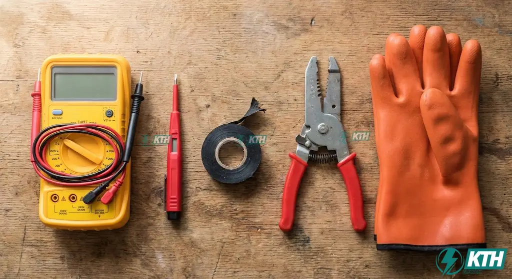 Bộ dụng cụ sửa chữa điện dân dụng đầy đủ bao gồm đồng hồ vạn năng VOM bút thử điện và găng tay cách điện