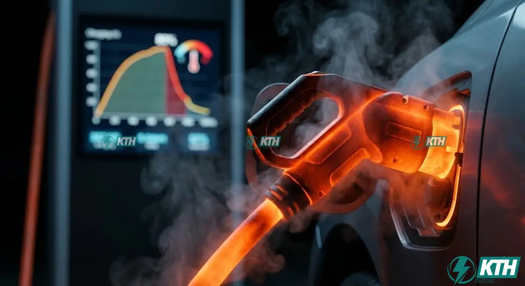 AC vs DC Charging: Nên Chọn Loại Nào? Hướng Dẫn Tối Ưu Pin 2025 3 Hình ảnh minh họa quá trình sạc nhanh DC sinh nhiệt cao tại cổng sạc và biểu đồ đường cong sạc cho thấy tốc độ giảm mạnh sau khi pin đạt 80% để bảo vệ pin.