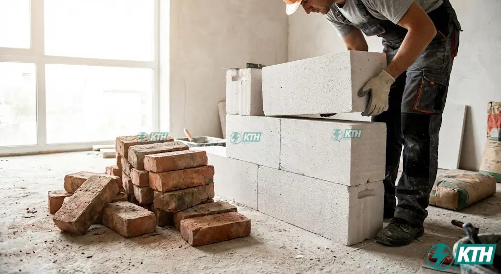 So sánh gạch đỏ truyền thống và gạch bê tông khí chưng áp AAC siêu nhẹ giảm tải trọng cho móng nhà cũ.