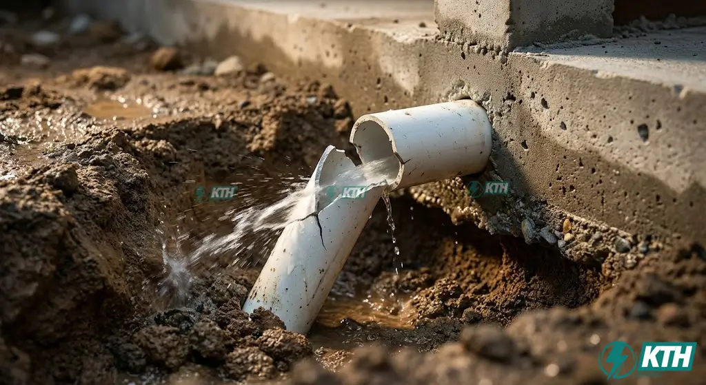 Tổng Hợp 5 Vị Trí Rò Rỉ Nước Nhà Phố & Quy Trình Thử Áp Lực (ISO) 2 Hình ảnh ống nước cấp ra sân vườn bị gãy tại điểm tiếp giáp đà kiềng móng do sụt lún nền đất không đồng đều