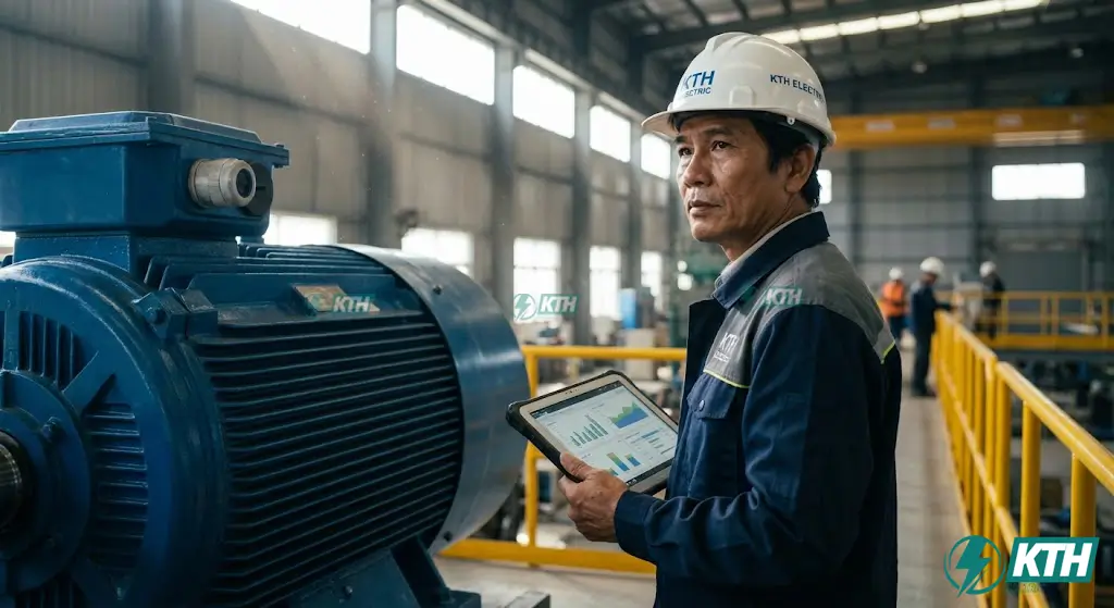 Giải Pháp Giám Sát Động Cơ IoT: Ngăn Ngừa Sự Cố & Tối Ưu Bảo Trì 1 Kỹ sư KTH Electric đang sử dụng giải pháp giám sát động cơ thông minh để kiểm tra độ rung và nhiệt độ động cơ trong nhà máy công nghiệp.