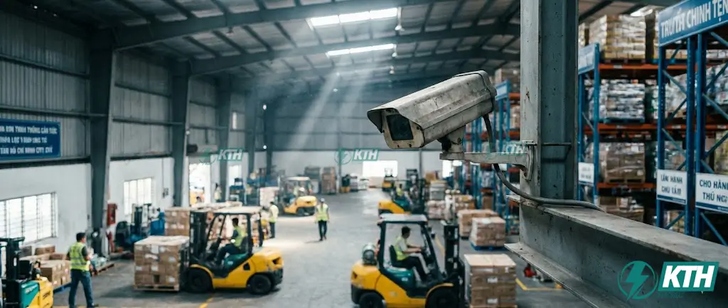 Hệ thống camera IP giám sát an ninh cho nhà xưởng kho bãi diện tích rộng.