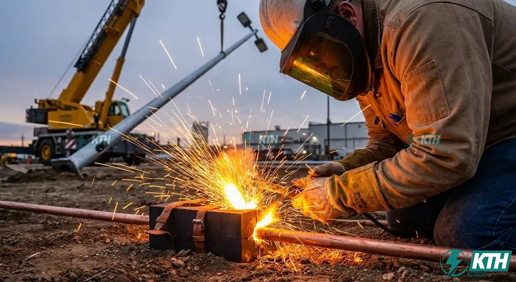 Thi Công Chiếu Sáng Hạ Thế: Biện Pháp & Báo Giá 2025 5 Kỹ thuật hàn hóa nhiệt hệ thống tiếp địa và lắp dựng cột đèn chiếu sáng bằng xe cẩu chuyên dụng.