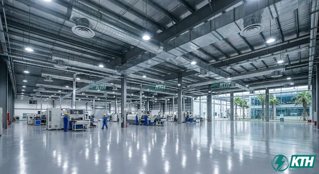 Hệ thống điều hòa công nghiệp công suất lớn lắp đặt tại nhà xưởng sản xuất hiện đại giúp ổn định nhiệt độ và tiết kiệm điện năng.