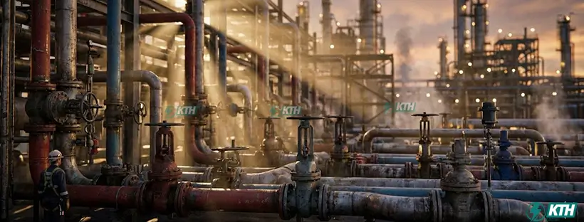 Van Công Nghiệp: Bảng Giá & Hướng Dẫn Chọn Mua Chi Tiết 2025 1 Hệ thống đường ống và van công nghiệp phức tạp bên trong nhà máy lọc dầu quy mô lớn, thể hiện vai trò kiểm soát dòng chảy mạch máu của dây chuyền sản xuất.