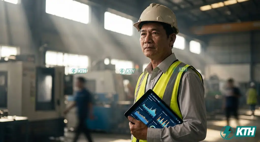 Hệ Thống Giám Sát Năng Lượng (EMS): Cách Giảm 30% Chi Phí Điện & Vận Hành 1 Hệ thống giám sát năng lượng EMS trên máy tính bảng giúp quản lý nhà máy theo dõi điện năng tiêu thụ thời gian thực