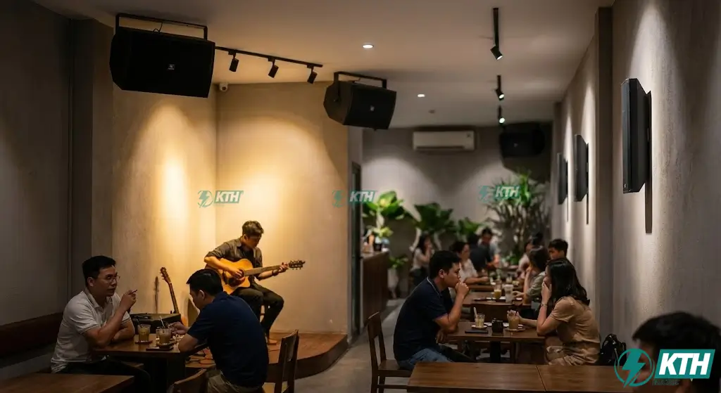 Hệ thống loa Acoustic lắp đặt cho quán cafe tạo không gian âm nhạc thư giãn và sang trọng.