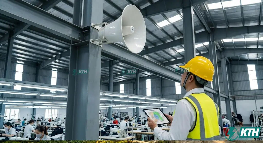 Hệ thống loa thông báo nhà xưởng công nghiệp công suất lớn chịu được tiếng ồn máy móc.