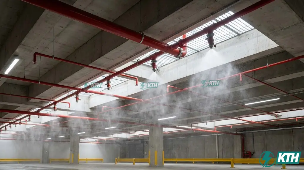 Quy Chuẩn PCCC Cho Trạm Sạc 2025: Hướng Dẫn Pháp Lý & Kỹ Thuật 2 Hệ thống màn nước ngăn cháy drencher cho khu vực sạc xe điện tại hầm để xe