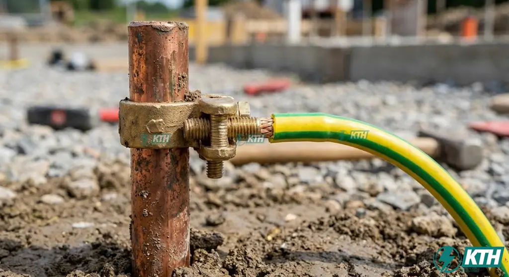 IEC 60364 Là Gì? Cẩm Nang Lắp Đặt Điện & TCVN 7447 (Update 2025) 2 Cận cảnh mối nối dây tiếp địa vàng xanh vào cọc đồng tiếp địa trong hệ thống nối đất an toàn chống điện giật chuẩn IEC.