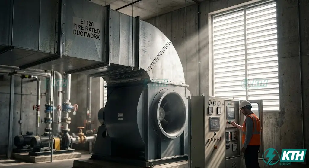 QCVN 06:2022/BXD & Sửa Đổi 1:2023: Cẩm Nang "Gỡ Rối" PCCC (2025) 2 Hệ thống quạt hút khói và ống gió chống cháy đạt chuẩn EI được lắp đặt trong phòng kỹ thuật của tòa nhà cao tầng.