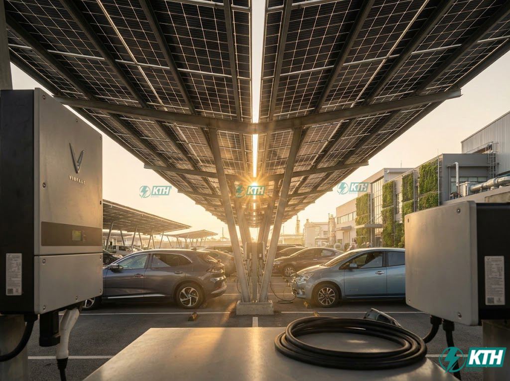 Hệ thống Green Charging kết hợp mái che năng lượng mặt trời (Solar carport) và trạm sạc xe điện tại nhà máy xanh.