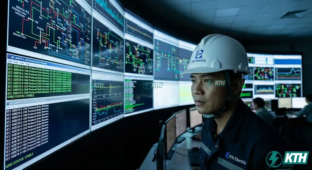 Kỹ sư KTH Electric đang giám sát hệ thống SCADA và phân tích dữ liệu giao thức IEC 60870-5-104 tại trung tâm điều độ.