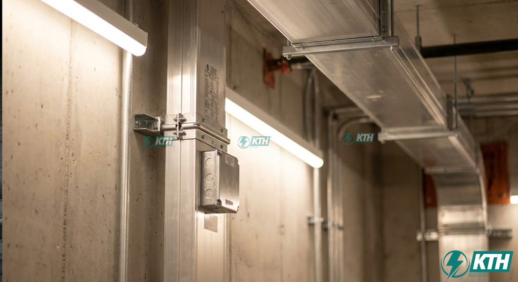 Hệ thống thanh dẫn điện Busway lõi đồng vỏ nhôm lắp đặt tại trục kỹ thuật tòa nhà cao tầng thay thế cáp điện động lực truyền thống.