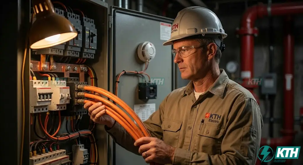 Thi Công Trạm Sạc Chung Cư Cao Cấp: Giải Pháp PCCC & An Toàn 2025 2 Kỹ sư điện KTH Electric đang kiểm tra hệ thống tủ điện phân phối MSB và cáp chống cháy LSZH cho trạm sạc xe điện đảm bảo tiêu chuẩn PCCC QCVN 06:2022.