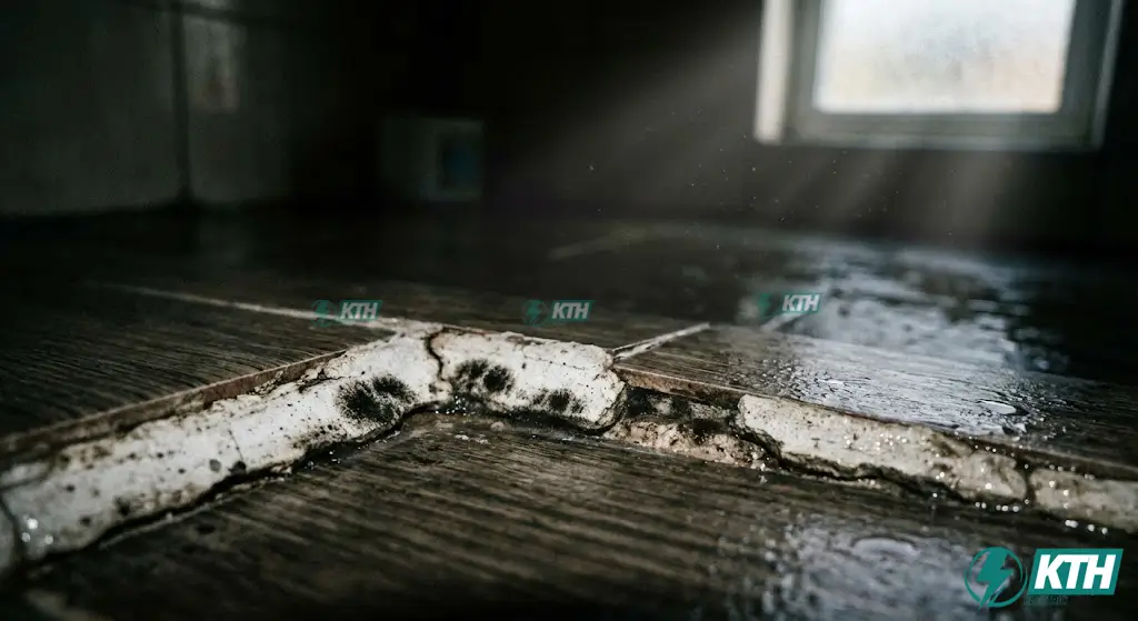 Cận cảnh đường ron xi măng trắng cũ bị nứt vỡ và nhiễm nấm mốc đen nghiêm trọng gây thấm nước tại sàn nhà tắm ở Gò Vấp.