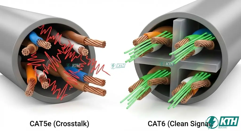 Hình ảnh mô phỏng hiện tượng nhiễu xuyên âm Crosstalk trong cáp mạng và cách lõi nhựa chữ thập của Cat6 khắc phục.