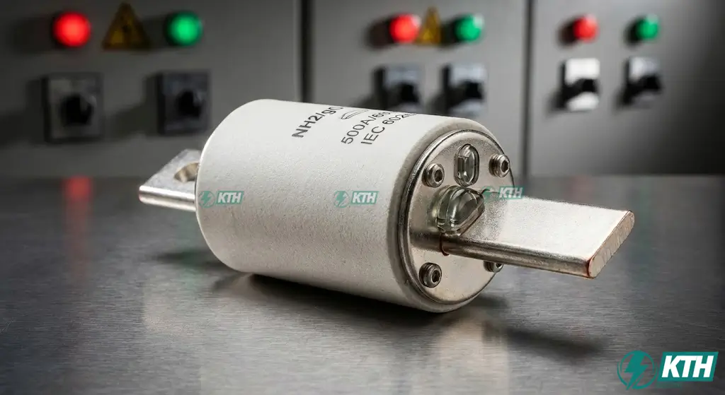 Close-up of NH-type High Rupturing Capacity (HRC) fuse with ceramic body and silver-plated contacts for industrial short-circuit protection.