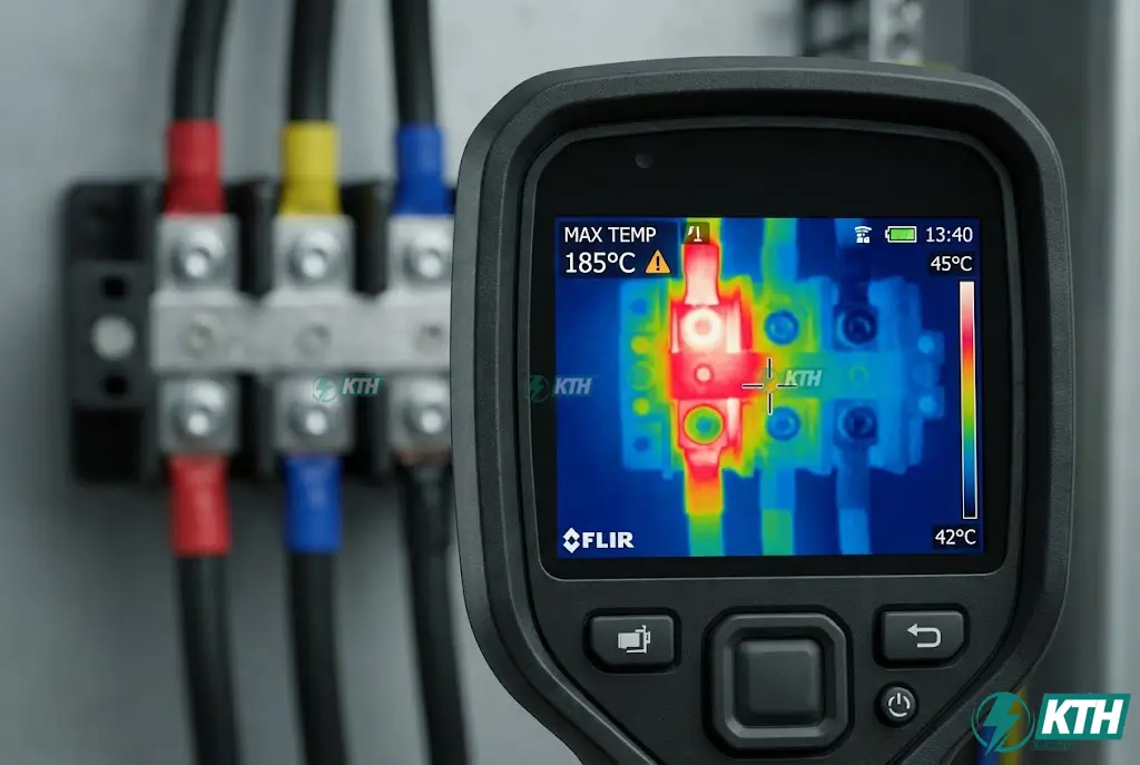 Hình ảnh camera nhiệt phát hiện điểm nóng (hotspot) trên đầu nối dây điện do hiện tượng lệch pha gây quá nhiệt cục bộ.