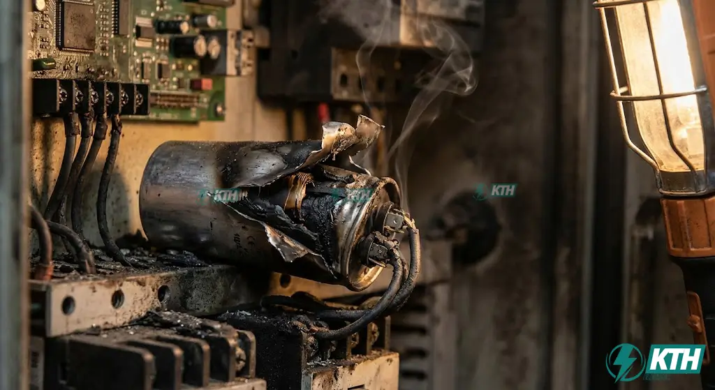 Cận cảnh tụ bù công suất bị nổ tung và cháy đen bên trong tủ điện do hiện tượng cộng hưởng sóng hài gây quá áp.