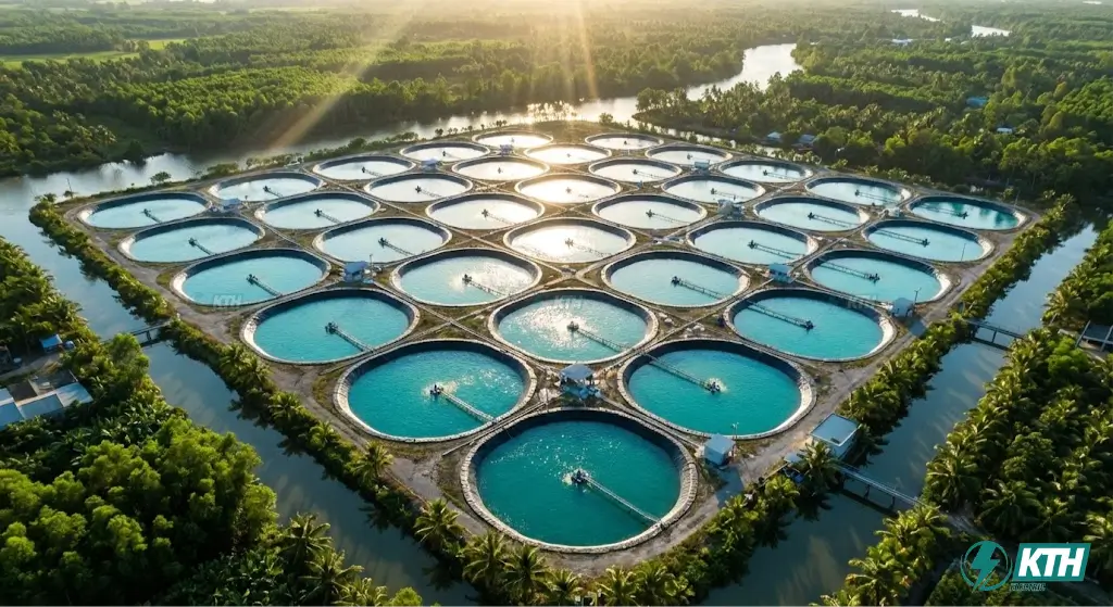 Mô hình hồ nuôi tôm công nghiệp lót màng chống thấm HDPE màu đen giúp ngăn phèn và dịch bệnh hiệu quả.