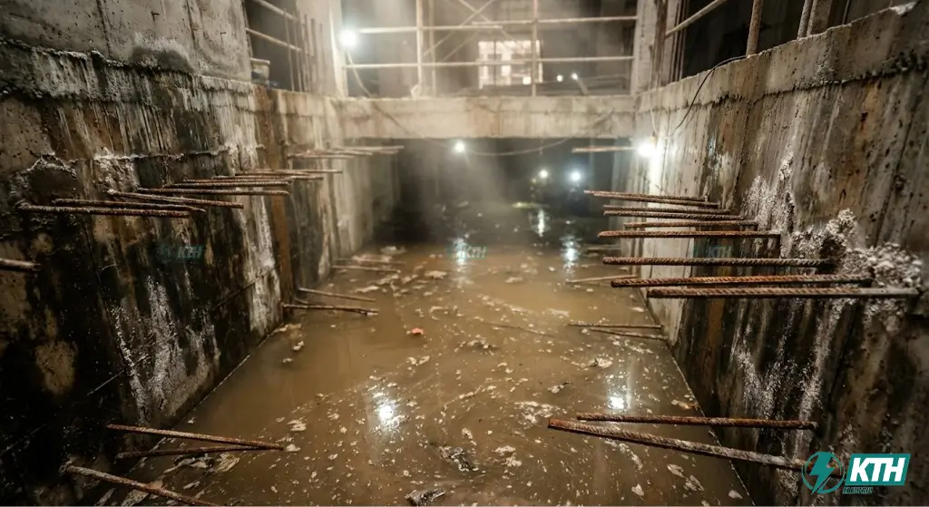 Hố thang máy bị thấm nước ngập úng gây rỉ sét cốt thép và hư hỏng kết cấu bê tông cần xử lý chống thấm gấp.