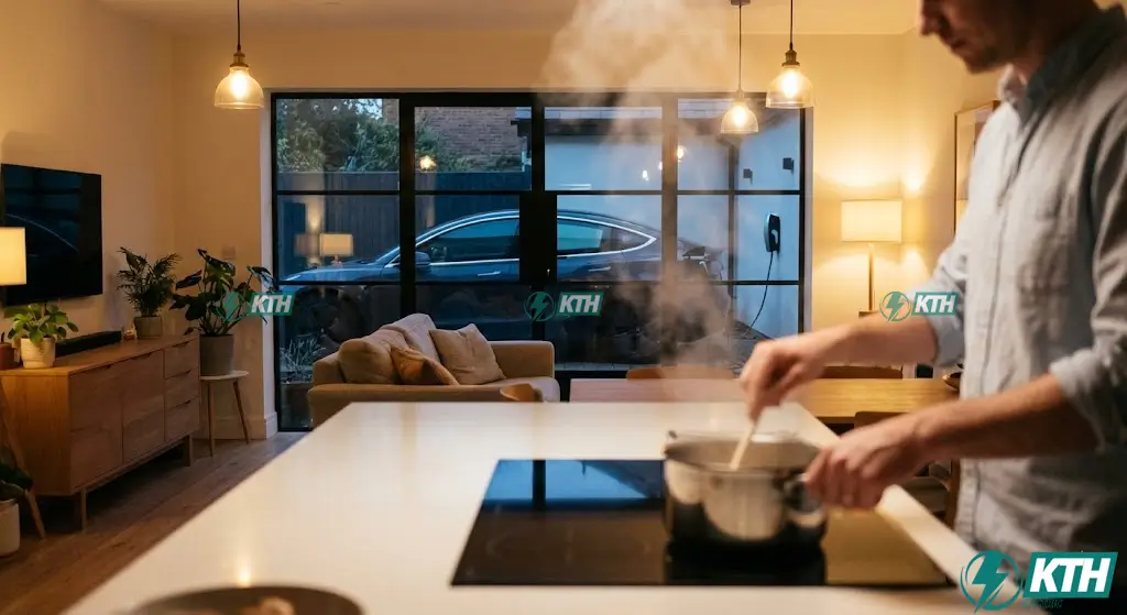 Load Balancing Sạc Xe Điện: Bí Quyết Sạc Nhanh & Tiết Kiệm 2025 2 Hệ thống điện gia đình hoạt động ổn định với bếp từ và sạc xe điện cùng lúc nhờ cân bằng tải.