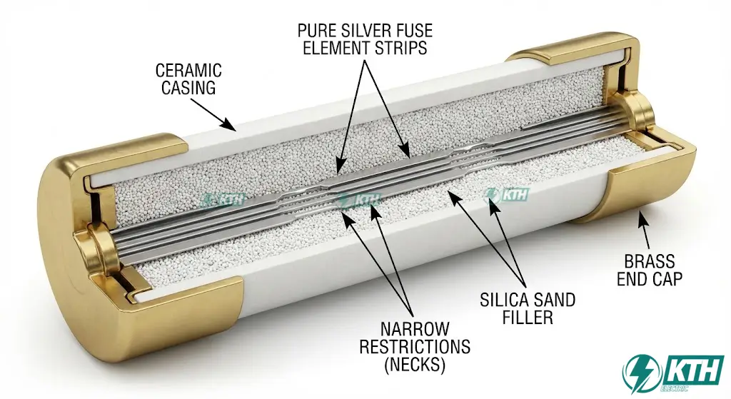 Internal structure of an HRC fuse featuring a silver fuse element and silica sand filling for effective arc quenching.