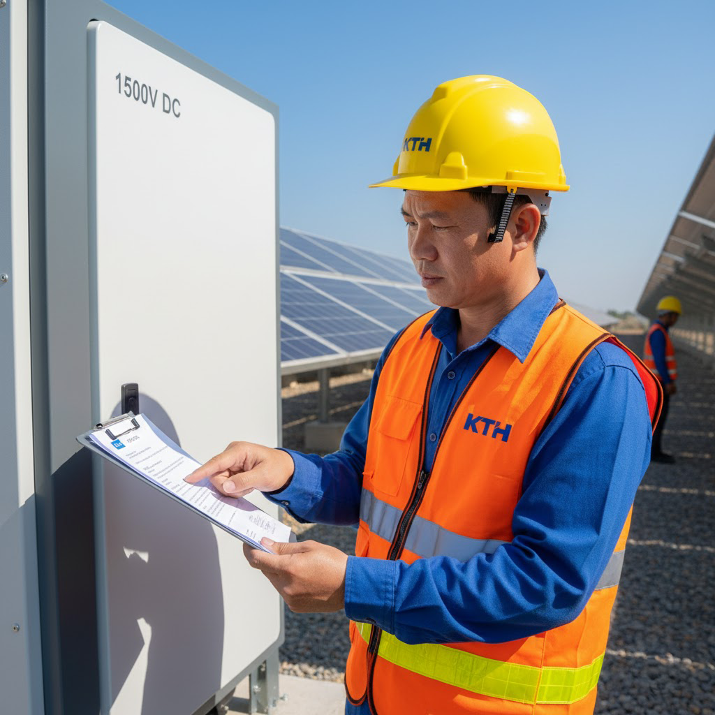 Ảnh kỹ sư KTH Electric kiểm tra chứng nhận an toàn IEC 62109-2 cho biến tần hòa lưới 1500V DC tại công trường.