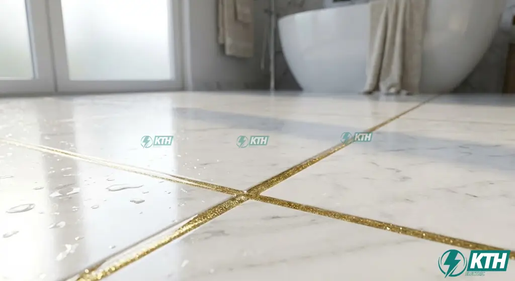 Sàn gạch lát nền nhà tắm sử dụng keo chà ron men sứ Epoxy màu vàng kim tuyến cao cấp chống thấm tuyệt đối và không bám bụi bẩn.