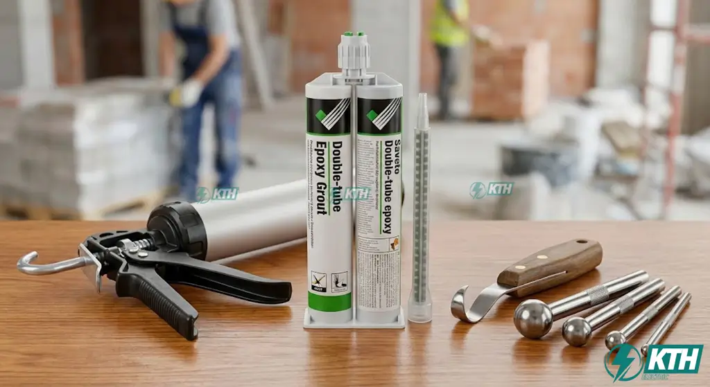 Bộ dụng cụ và keo ron epoxy hai thành phần Saveto chính hãng chuyên dùng thi công chống thấm.