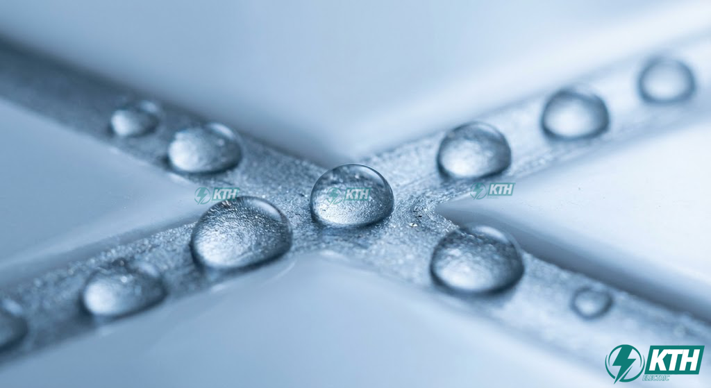 Cận cảnh kiểm tra khả năng chống thấm của keo chà ron Epoxy: Nước đọng thành giọt trên bề mặt và không bị thẩm thấu xuống dưới.