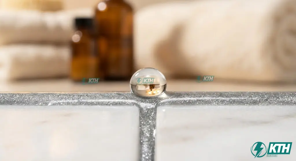 So Sánh Keo Ron Epoxy Với Xi Măng Trắng: Giải Pháp Nào Chống Thấm? 2 Cận cảnh giọt nước đọng trên bề mặt keo chà ron Epoxy men sứ tạo hiệu ứng lá sen không thấm nước ngăn ngừa nấm mốc và vi khuẩn phát triển.