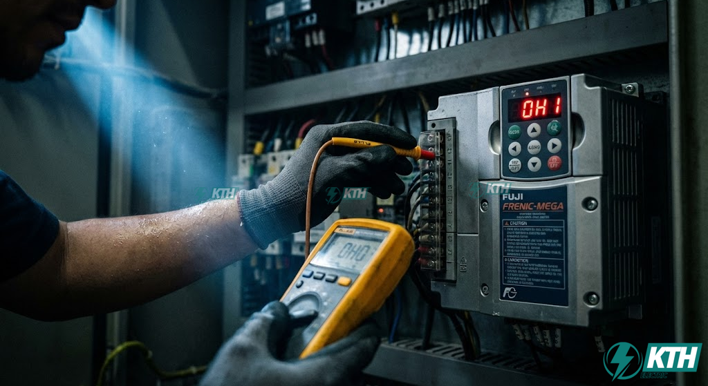 Kỹ sư điện đang kiểm tra lỗi OH1 quá nhiệt và đo điện áp đầu vào trên biến tần Fuji MEGA bằng đồng hồ vạn năng Fluke.
