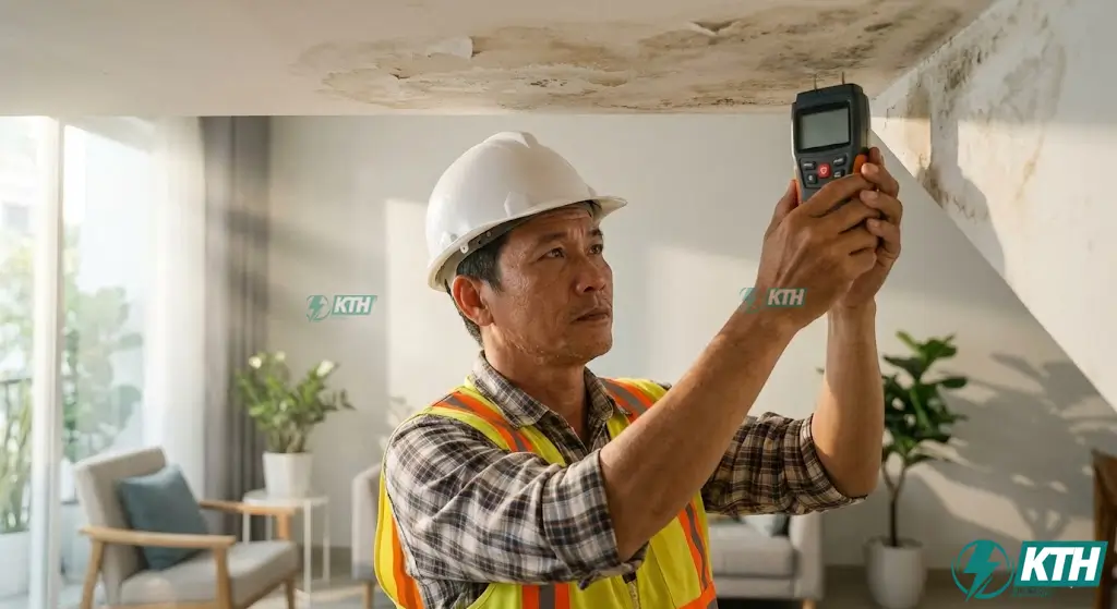Cẩm Nang Chống Thấm 2026: 7 Giải Pháp & Báo Giá Từ Kỹ Sư 20 Năm 2 Kỹ sư xây dựng KTH Electric đang khảo sát vết thấm dột trần nhà bằng máy đo độ ẩm chuyên dụng tại TPHCM.