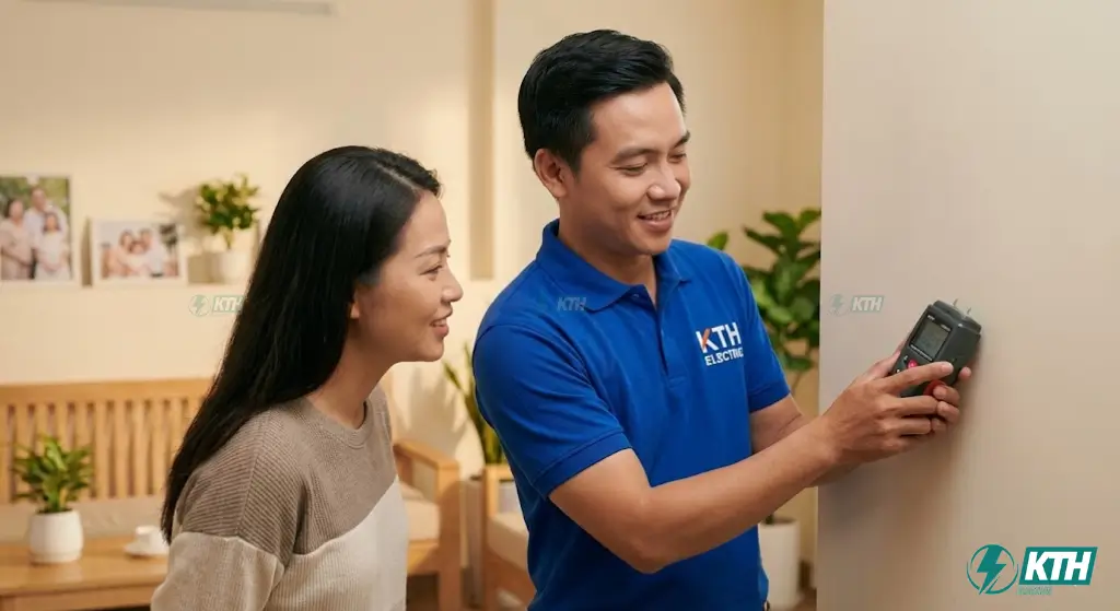 Kỹ sư KTH Electric sử dụng máy đo độ ẩm chuyên dụng khảo sát tư vấn chống thấm tại nhà khách hàng.
