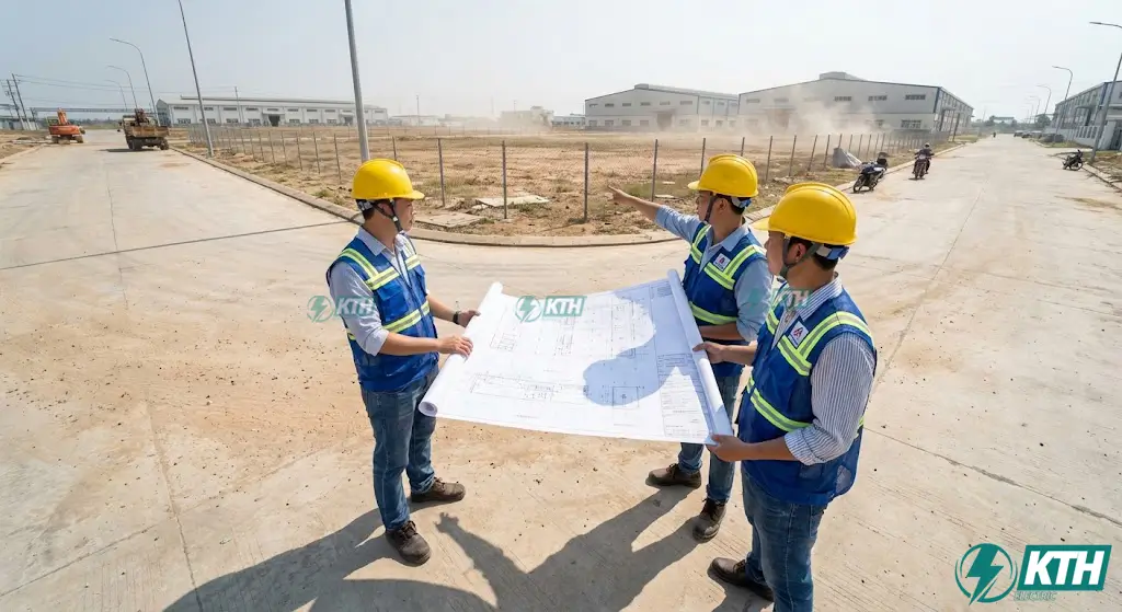 Thi Công Trạm Biến Áp Trọn Gói: Bảng Báo Giá & Quy Trình 2025 1 Kỹ sư KTH Electric đang khảo sát vị trí thi công trạm biến áp tại khu công nghiệp với bản vẽ kỹ thuật chi tiết.