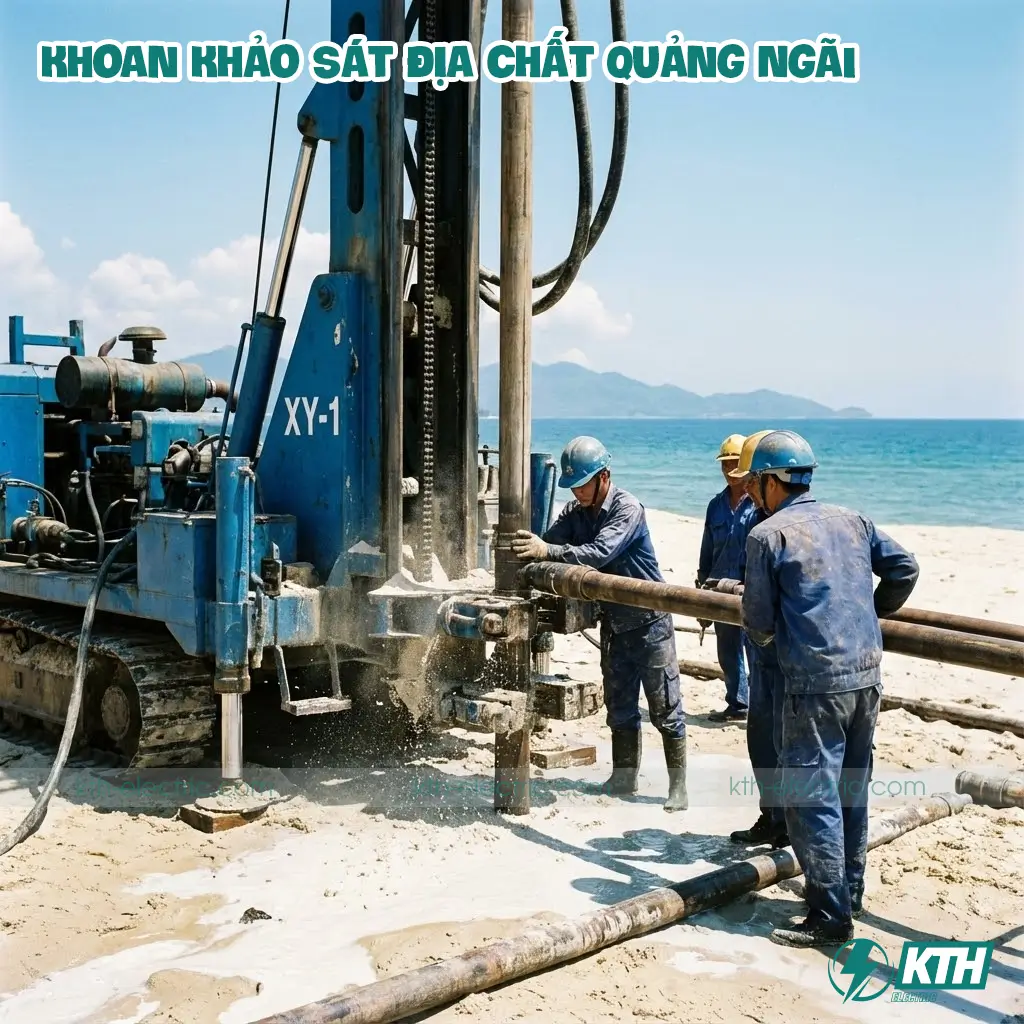 Máy khoan địa chất xử lý nền cát chảy và nước ngầm tại khu vực ven biển Bình Sơn, Quảng Ngãi.