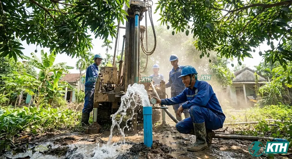 Khoan Giếng Có Phải Xin Phép Không? Quy Định & Mức Phạt Mới Nhất 2025 1 Thợ khoan giếng nước chuyên nghiệp đang kiểm tra lưu lượng nước tại hộ gia đình Việt Nam theo quy định mới 2025.