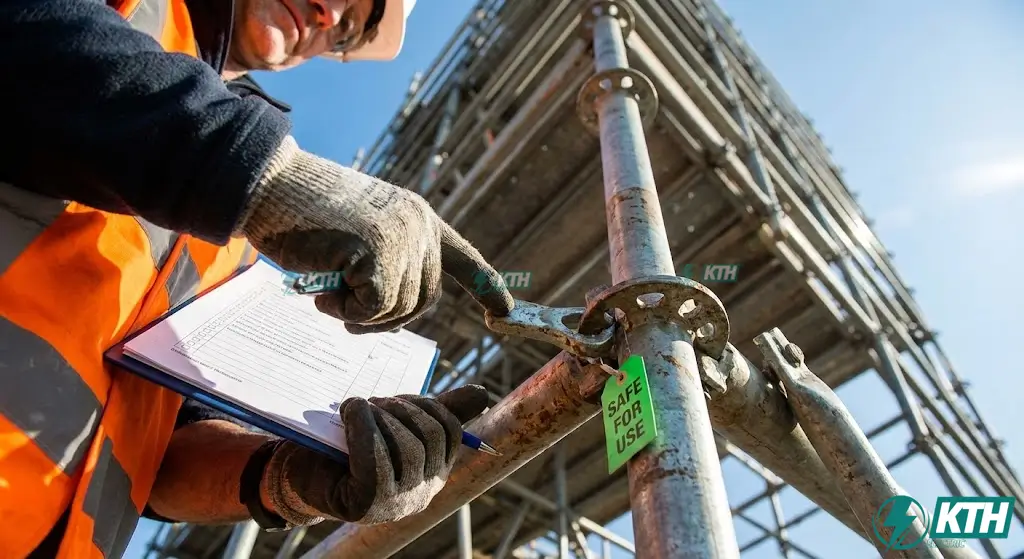 Quy trình kiểm định và treo thẻ xanh an toàn cho hệ thống giàn giáo Ringlock theo tiêu chuẩn TCVN 5308:1991, đảm bảo các mối liên kết chắc chắn trước khi cho phép công nhân làm việc trên cao.