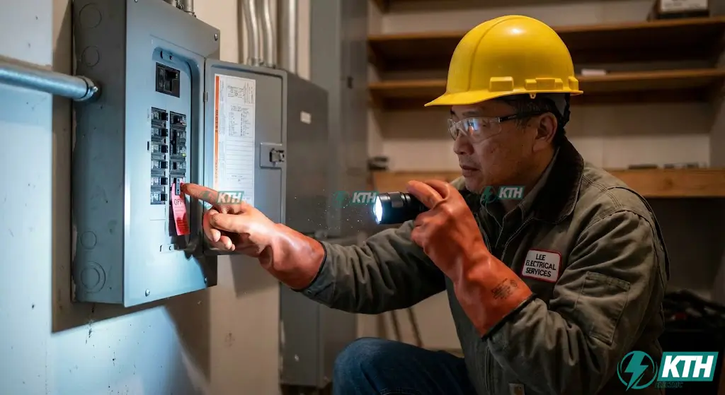 Chuyên gia kỹ thuật đang kiểm tra aptomat bị nhảy tại tủ điện tổng gia đình để xác định nguyên nhân chập điện